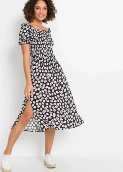 bonprix Bekleidung·Pullover & Strickjacken|Kleider|Midikleid aus reiner Viskose dunkelblau geblümt