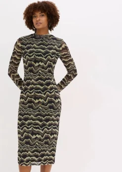 bonprix Nachhaltigere Materialien|Kleider|Midikleid aus softem Mesh dunkeloliv bedruckt