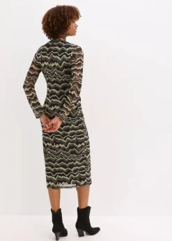 bonprix Nachhaltigere Materialien|Kleider|Midikleid aus softem Mesh dunkeloliv bedruckt
