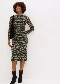 bonprix Nachhaltigere Materialien|Kleider|Midikleid aus softem Mesh dunkeloliv bedruckt