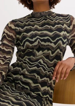bonprix Nachhaltigere Materialien|Kleider|Midikleid aus softem Mesh dunkeloliv bedruckt