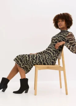 bonprix Nachhaltigere Materialien|Kleider|Midikleid aus softem Mesh dunkeloliv bedruckt