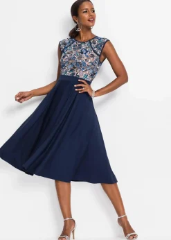 bonprix Bekleidung·Pullover & Strickjacken|Festliche Mode|Midikleid mit Spitze dunkelblau geblümt