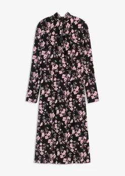 bonprix Bekleidung·Pullover & Strickjacken|Kleider|Midikleid mit Stehkragen schwarz/altrosa geblümt