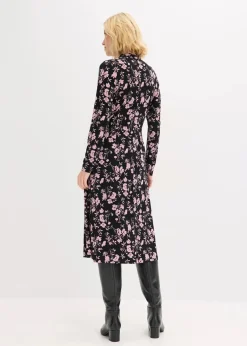 bonprix Bekleidung·Pullover & Strickjacken|Kleider|Midikleid mit Stehkragen schwarz/altrosa geblümt