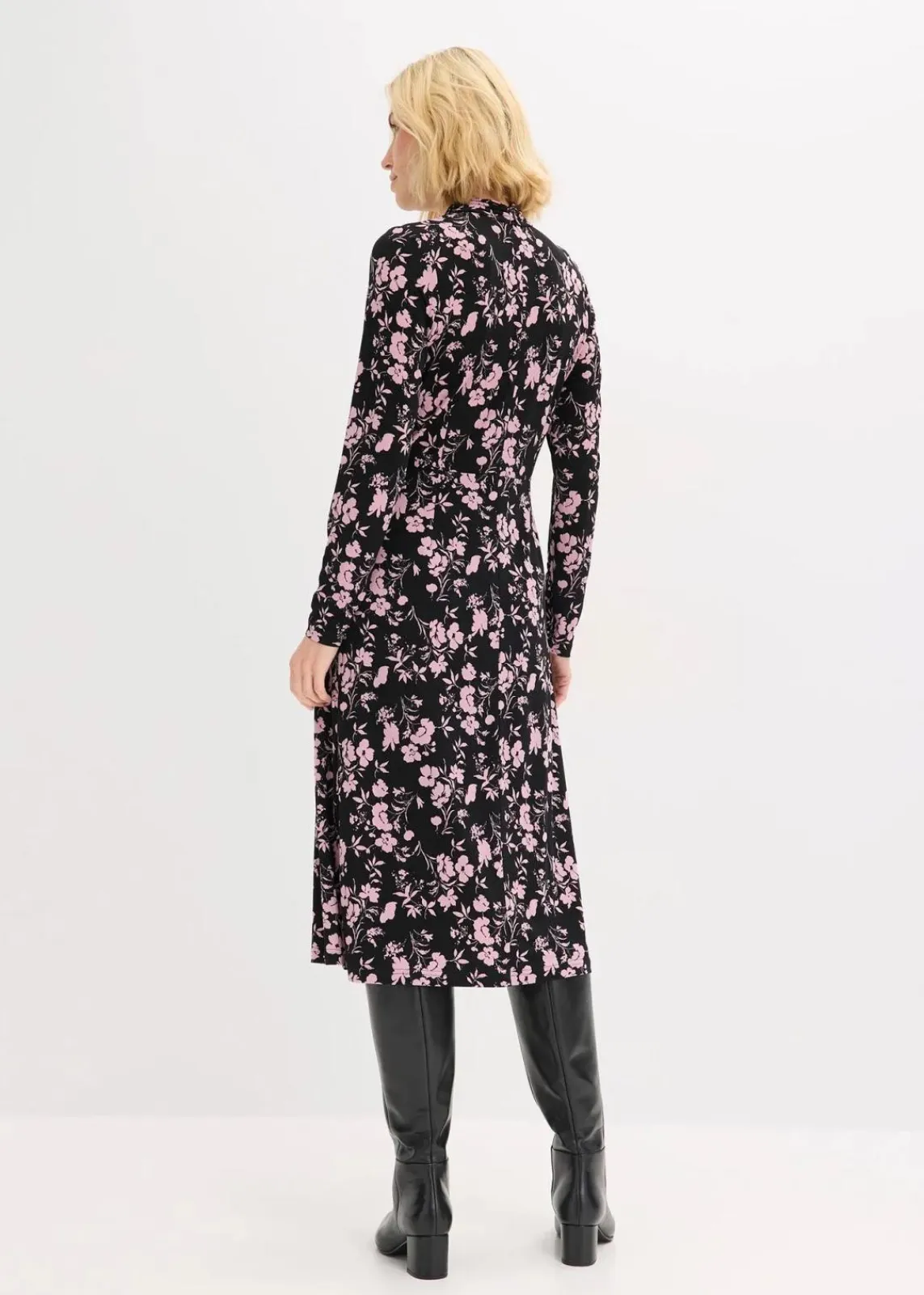 bonprix Bekleidung·Pullover & Strickjacken|Kleider|Midikleid mit Stehkragen schwarz/altrosa geblümt