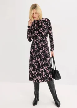 bonprix Bekleidung·Pullover & Strickjacken|Kleider|Midikleid mit Stehkragen schwarz/altrosa geblümt