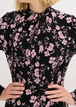 bonprix Bekleidung·Pullover & Strickjacken|Kleider|Midikleid mit Stehkragen schwarz/altrosa geblümt