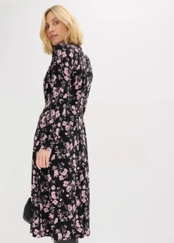 bonprix Bekleidung·Pullover & Strickjacken|Kleider|Midikleid mit Stehkragen schwarz/altrosa geblümt