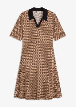 bonprix Bekleidung·Pullover & Strickjacken|Kleider|Midi-Polokleid mokkabraun/schwarz graphisch bedruckt