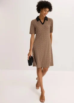 bonprix Bekleidung·Pullover & Strickjacken|Kleider|Midi-Polokleid mokkabraun/schwarz graphisch bedruckt