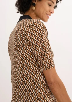 bonprix Bekleidung·Pullover & Strickjacken|Kleider|Midi-Polokleid mokkabraun/schwarz graphisch bedruckt