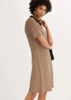 bonprix Bekleidung·Pullover & Strickjacken|Kleider|Midi-Polokleid mokkabraun/schwarz graphisch bedruckt