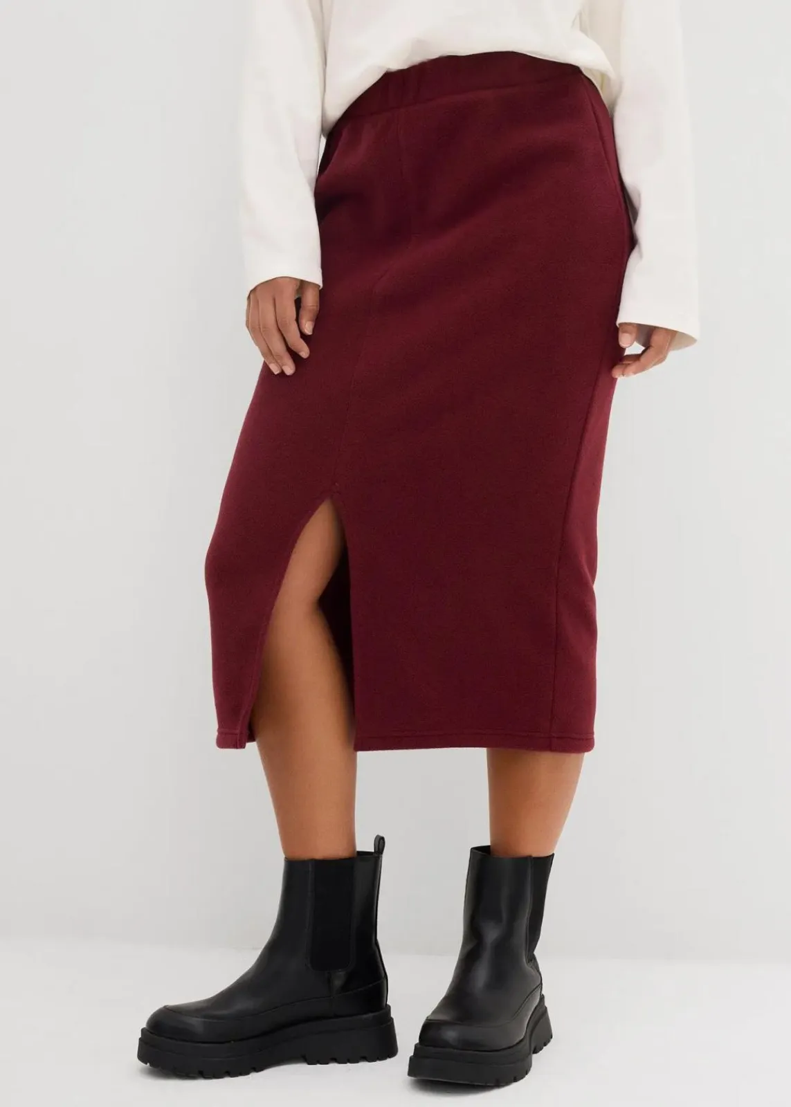 bonprix Röcke|Zweiteiler & Sets|Midirock aus Polarfleece dunkelbeere