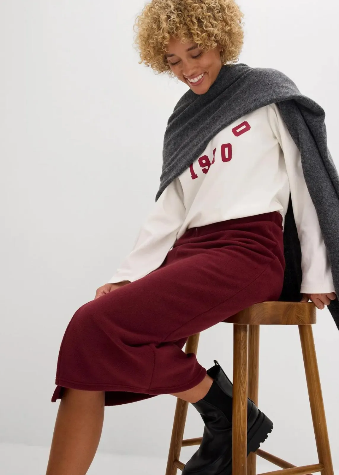 bonprix Röcke|Zweiteiler & Sets|Midirock aus Polarfleece dunkelbeere