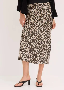 bonprix Röcke|Bekleidung·Sportbekleidung|Midirock aus Satin natur/matt braun/schwarz leo bedruckt
