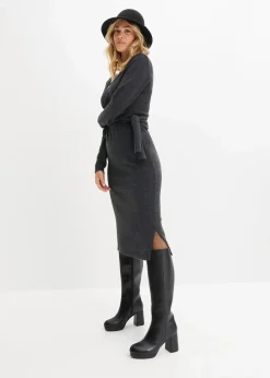 bonprix Kleider|Strickmode|Midi-Strickkleid anthrazit meliert