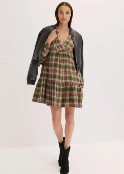 bonprix Bekleidung·Pullover & Strickjacken|Kleider|Minikleid aus Baumwoll-Mix oliv kariert