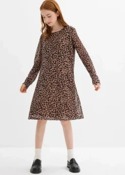 bonprix Mädchen 9-16 Jahre·Kleider & Jumpsuits|Minikleid aus Mesh hellbraun/schwarz leo bedruckt