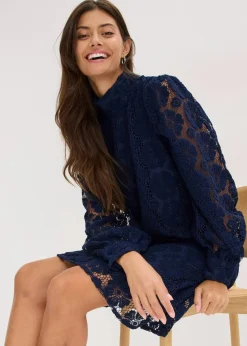 bonprix Kleider|Bekleidung·Pullover & Strickjacken|Minikleid aus Spitze dunkelblau