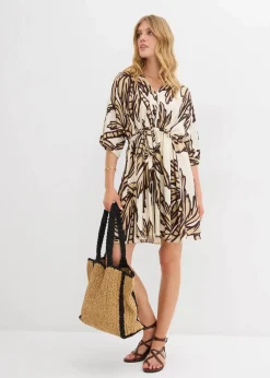 bonprix Bekleidung·Pullover & Strickjacken|Kleider|Minikleid mit Kimono-Ärmeln aus fließender Viskose natur/dunkelbraun/new beige floral