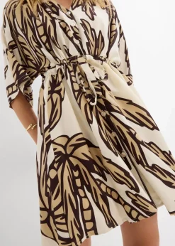 bonprix Bekleidung·Pullover & Strickjacken|Kleider|Minikleid mit Kimono-Ärmeln aus fließender Viskose natur/dunkelbraun/new beige floral