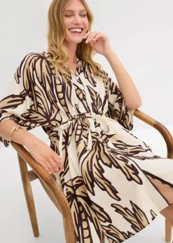 bonprix Bekleidung·Pullover & Strickjacken|Kleider|Minikleid mit Kimono-Ärmeln aus fließender Viskose natur/dunkelbraun/new beige floral