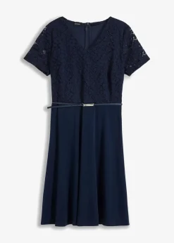 bonprix Festliche Mode|Kleider|Minikleid mit Spitze und Gürtel dunkelblau