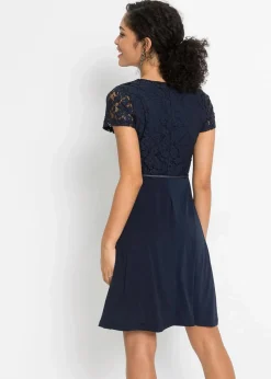 bonprix Festliche Mode|Kleider|Minikleid mit Spitze und Gürtel dunkelblau