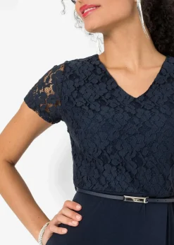 bonprix Festliche Mode|Kleider|Minikleid mit Spitze und Gürtel dunkelblau