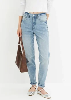bonprix Jeans|Bekleidung·Shirts & Tops|Mom Jeans High Waist, Stretch hellblau denim used