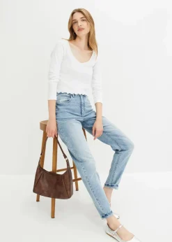 bonprix Jeans|Bekleidung·Shirts & Tops|Mom Jeans High Waist, Stretch hellblau denim used