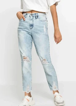 bonprix Bekleidung·Shirts & Tops|Jeans|Mom-Jeans High Waist mit Destroy-Effekten blau used