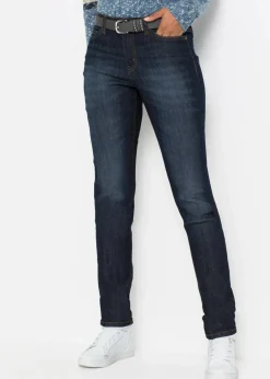 bonprix Jeans|Kurzgrößen|Mom-Jeans Mid Waist, Komfort-Stretch dunkelblau used