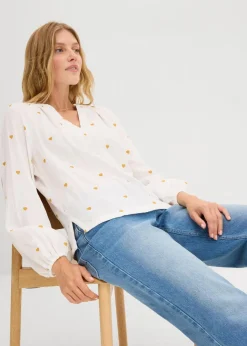 bonprix Bekleidung·Jacken & Mäntel|Blusen & Tuniken|Musselin-Tunika weiß/sandstein bedruckt