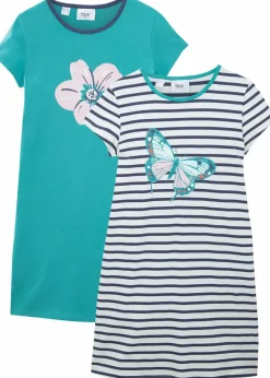 bonprix Mehrfachpacks|Mädchen·Nachtwäsche|Nachthemd aus reiner Baumwolle mit kurzen Ärmeln (2er-Pack) mint/blau weiß gestreift