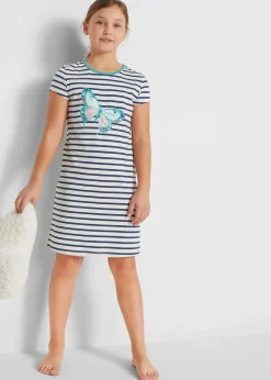 bonprix Mehrfachpacks|Mädchen·Nachtwäsche|Nachthemd aus reiner Baumwolle mit kurzen Ärmeln (2er-Pack) mint/blau weiß gestreift