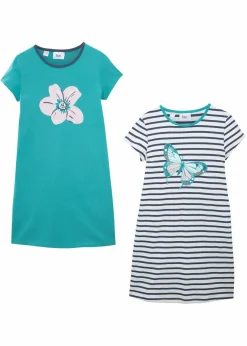 bonprix Mehrfachpacks|Mädchen·Nachtwäsche|Nachthemd aus reiner Baumwolle mit kurzen Ärmeln (2er-Pack) mint/blau weiß gestreift