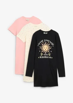 bonprix Mehrfachpacks|Mädchen·Nachtwäsche|Nachthemd aus reiner Bio-Baumwolle (3er Pack) schwarz+softrosa+cremeweiß bedruckt