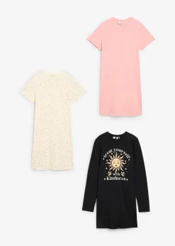 bonprix Mehrfachpacks|Mädchen·Nachtwäsche|Nachthemd aus reiner Bio-Baumwolle (3er Pack) schwarz+softrosa+cremeweiß bedruckt