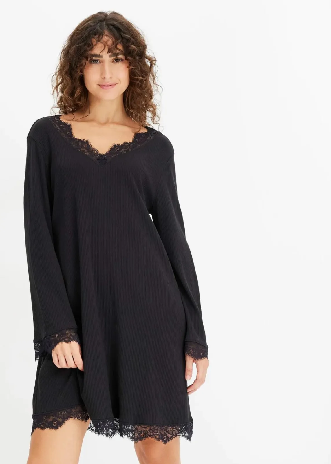 bonprix Wäsche·Nachtwäsche|Nachtwäsche|Nachthemd aus Rippe mit Spitze schwarz