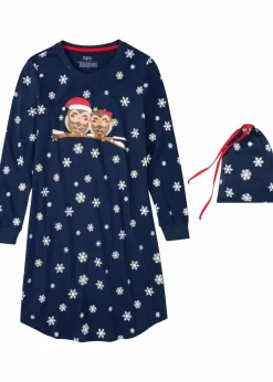 bonprix Wäsche·Nachtwäsche|Nachhaltigere Materialien|Nachthemd mit Geschenktasche aus reiner Bio-Baumwolle dunkelblau bedruckt