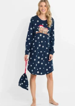 bonprix Wäsche·Nachtwäsche|Nachhaltigere Materialien|Nachthemd mit Geschenktasche aus reiner Bio-Baumwolle dunkelblau bedruckt