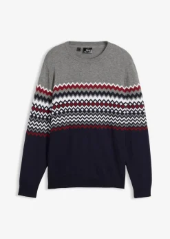 bonprix Große Größen|Pullover & Strickjacken|Norweger Pullover mit reiner Baumwolle grau meliert/dunkelblau