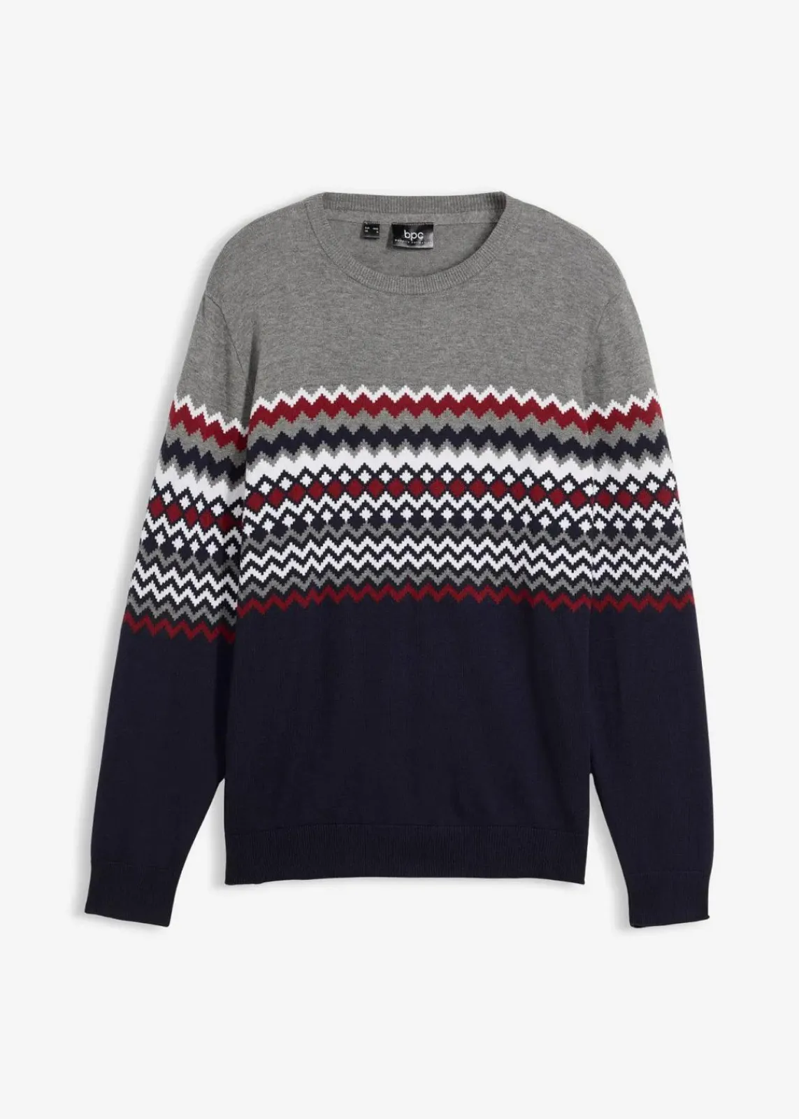 bonprix Große Größen|Pullover & Strickjacken|Norweger Pullover mit reiner Baumwolle grau meliert/dunkelblau