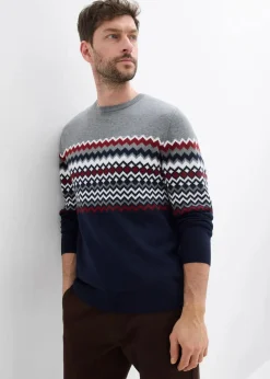bonprix Große Größen|Pullover & Strickjacken|Norweger Pullover mit reiner Baumwolle grau meliert/dunkelblau