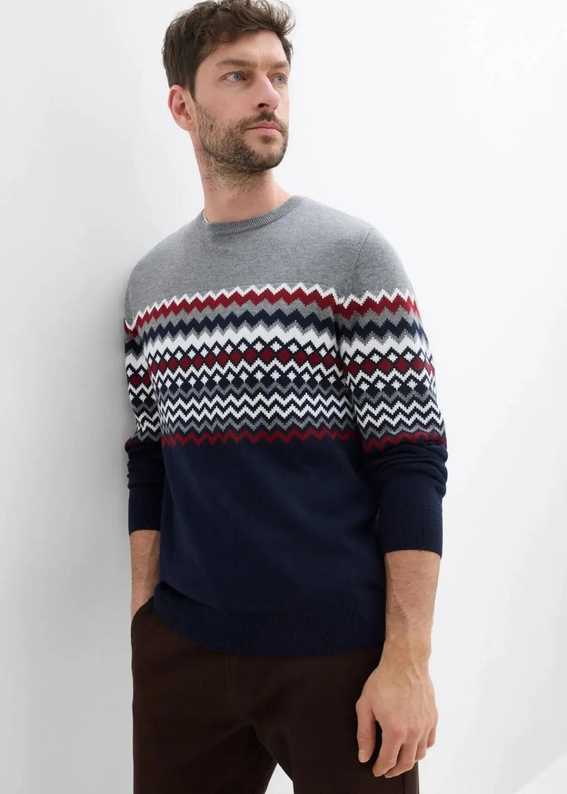 bonprix Große Größen|Pullover & Strickjacken|Norweger Pullover mit reiner Baumwolle grau meliert/dunkelblau