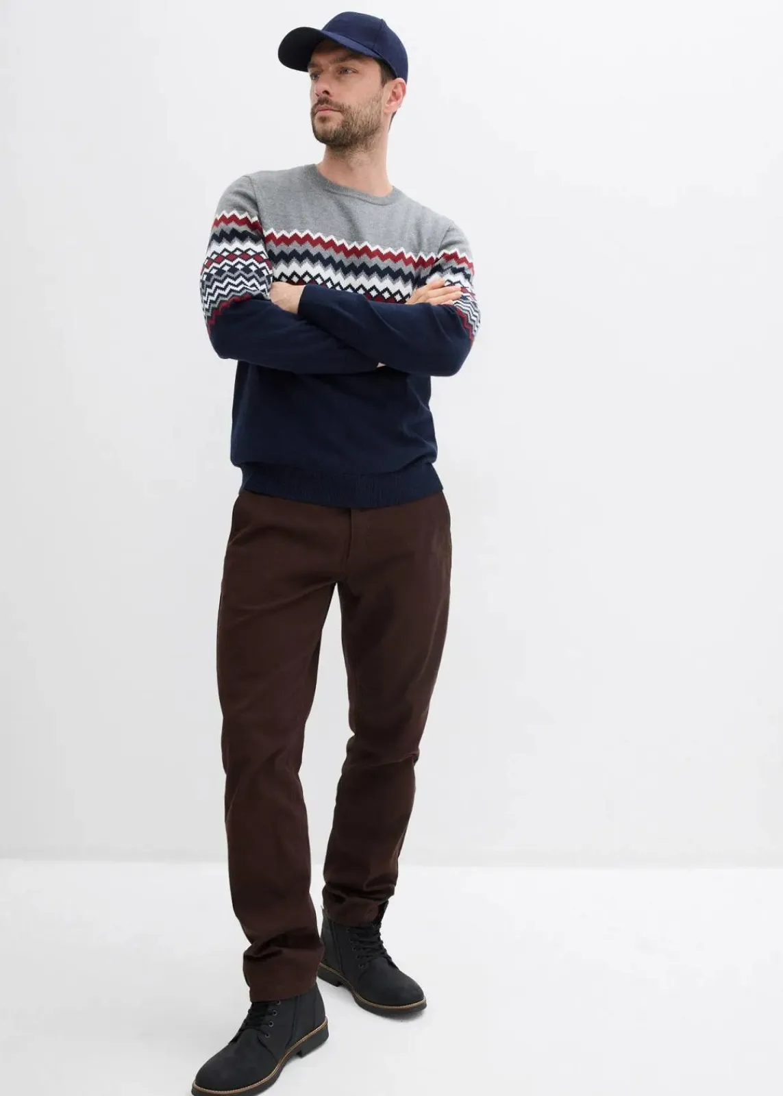 bonprix Große Größen|Pullover & Strickjacken|Norweger Pullover mit reiner Baumwolle grau meliert/dunkelblau