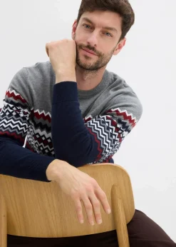 bonprix Große Größen|Pullover & Strickjacken|Norweger Pullover mit reiner Baumwolle grau meliert/dunkelblau