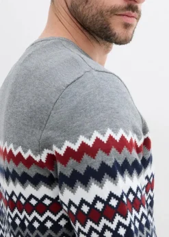 bonprix Große Größen|Pullover & Strickjacken|Norweger Pullover mit reiner Baumwolle grau meliert/dunkelblau